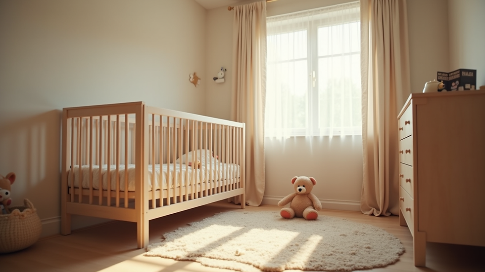 Eye-level view of a cozy nursery with a crib and soft lighting