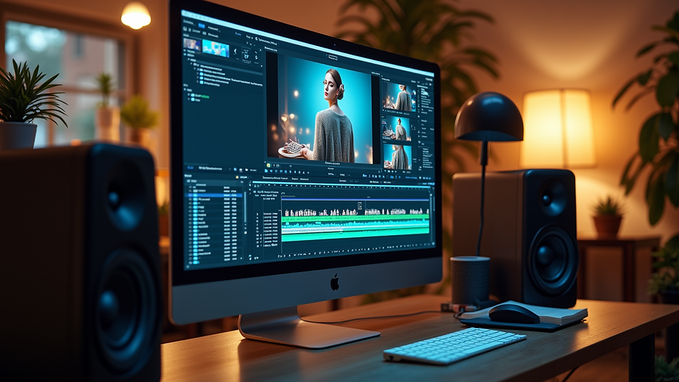 Eye-level view of a sleek digital workstation with AI video editing software open