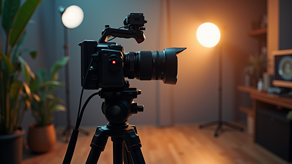 Eye-level view of a cinematic camera setup on a tripod in a studio