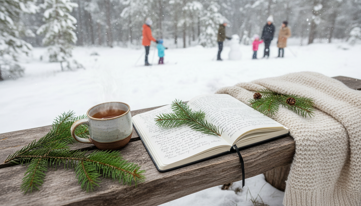 Overhead view of a journal, pen, warm drink, and evergreen branches on a soft blanket.