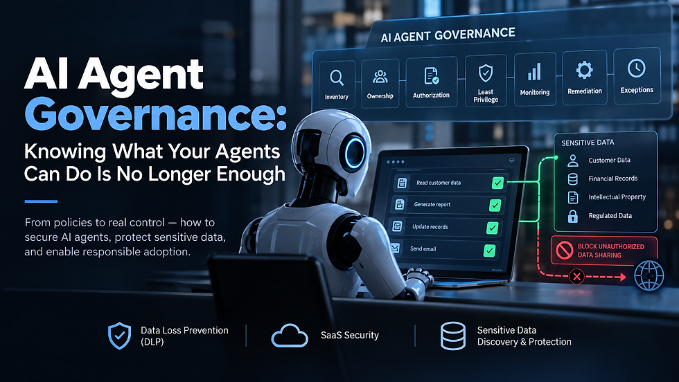 AI Agent Governance: Moving beyond policies to operational controls that protect sensitive data, prevent unauthorized access, and manage autonomous AI risks. Explore how Data Loss Prevention (DLP), SaaS security, continuous monitoring, and the NIST AI Risk Management Framework help organizations deploy AI agents securely and responsibly.