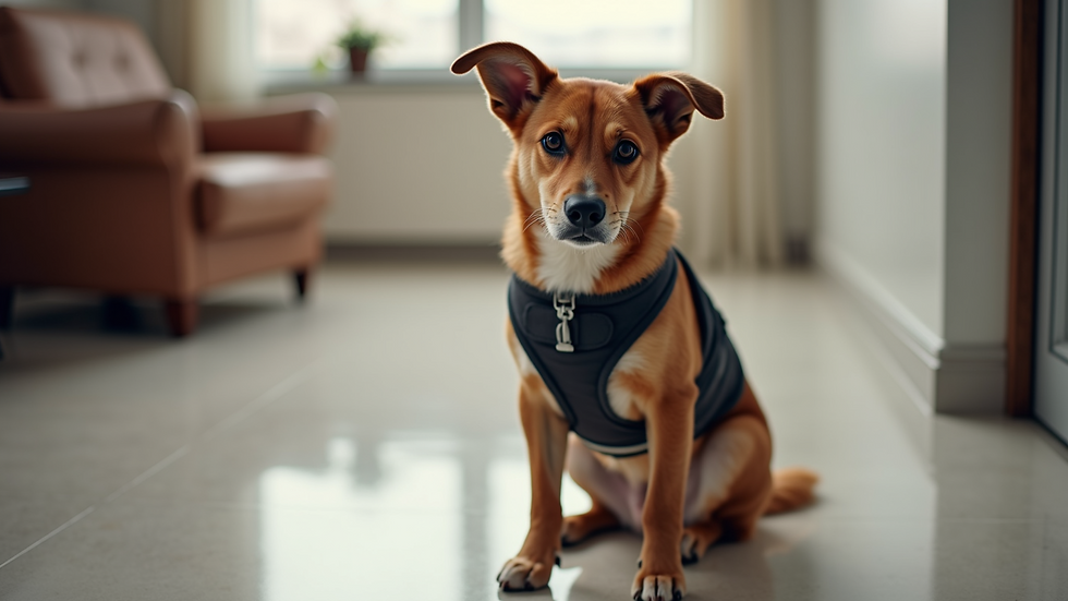 Close-up view of a therapy dog wearing a vest sitting calmly on a floor