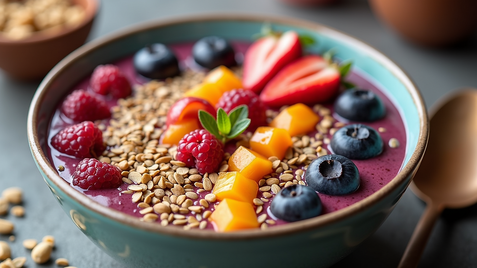High angle view of a colorful smoothie bowl with fruits and seeds