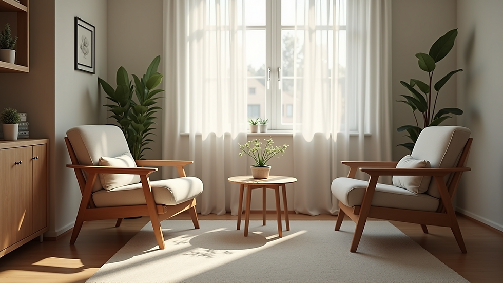 Eye-level view of a cozy therapy room with two chairs and a small table