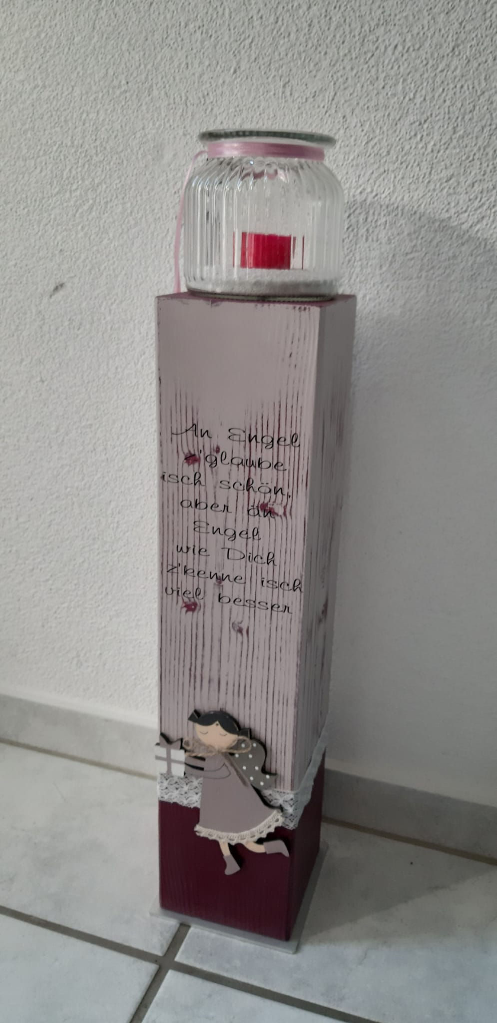 Holz Säule Pflaume / Rosenquarz mit Spruch, Kerzenglas, dekoriert