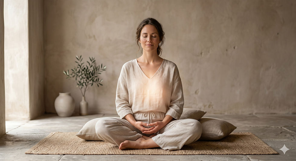 Woman meditating with glowing chest, spiritual healing