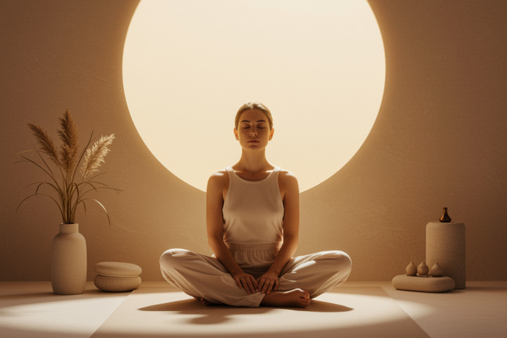 Woman meditating in a serene setting with glowing light