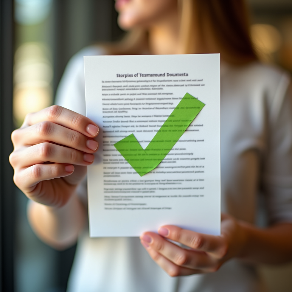 Blurred woman holds a document with a large green checkmark, suggesting approval, against a softly lit indoor background.