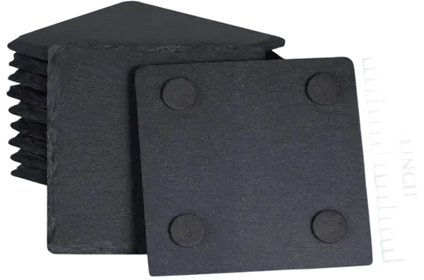 Studio product photography of dark square coasters stacked on a black background. Their minimalist design offers a modern and sophisticated aesthetic.