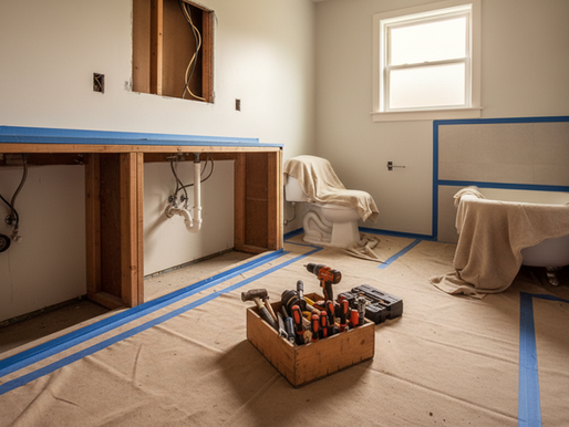 Bathroom remodeling work area with protected floors, exposed vanity wall and tools