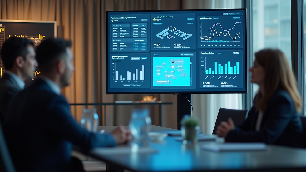Eye-level view of a business meeting with a digital screen showing chat analytics