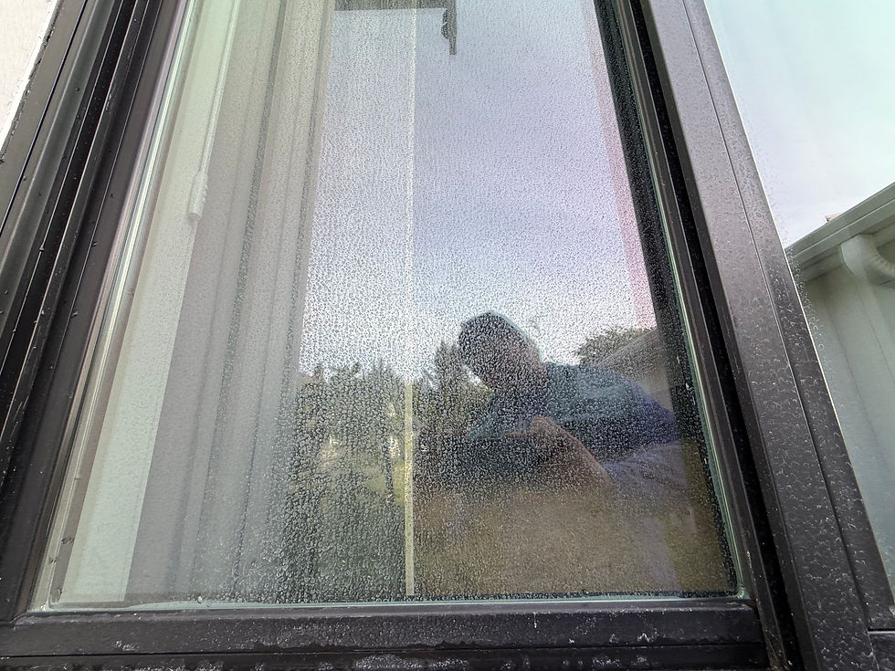 Reflection of a person holding a phone in a wet, frosted window beside a building, with pale sky and trees behind