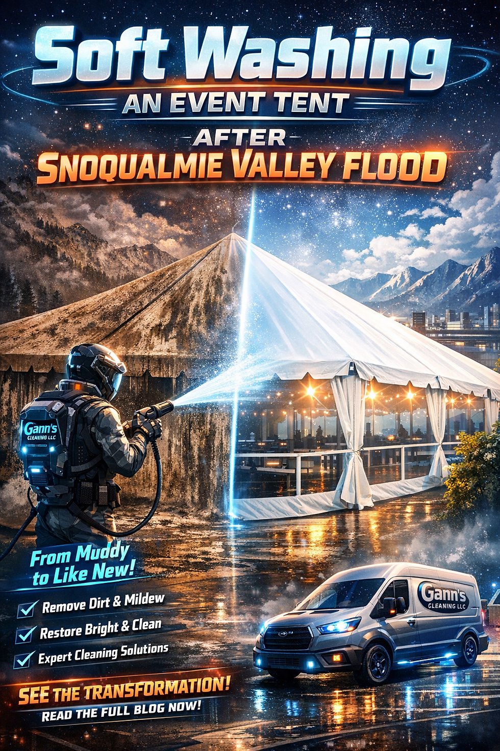 Promotional graphic of a worker pressure-washing a muddy event tent after Snoqualmie Valley flood, with Gann's Cleaning van.