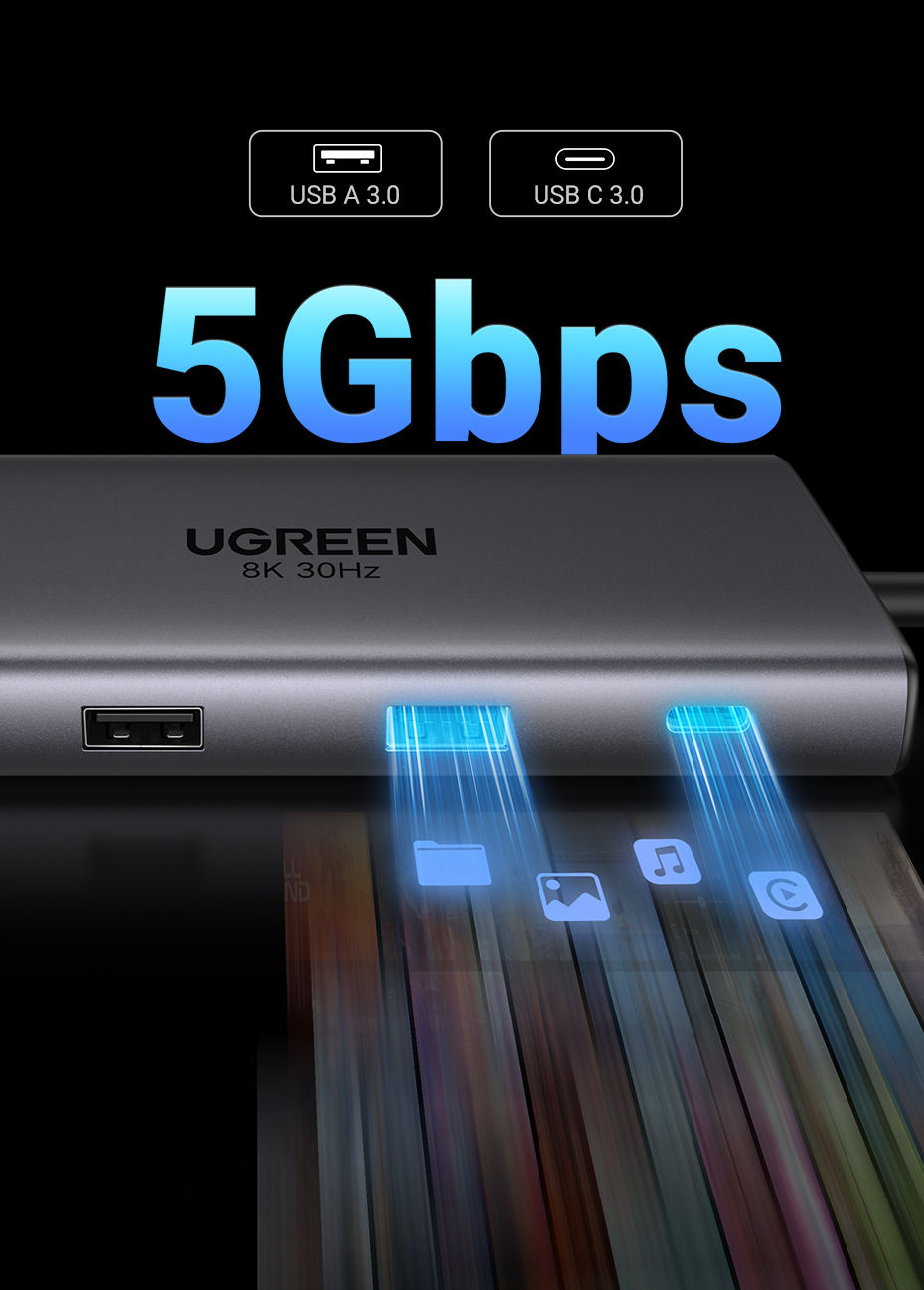 Miniatura: Adaptador UGREEN Dual HDMI USB-C HUB 8K 4K HDMI 10 em 1 divisor com RJ45 USB3.0 