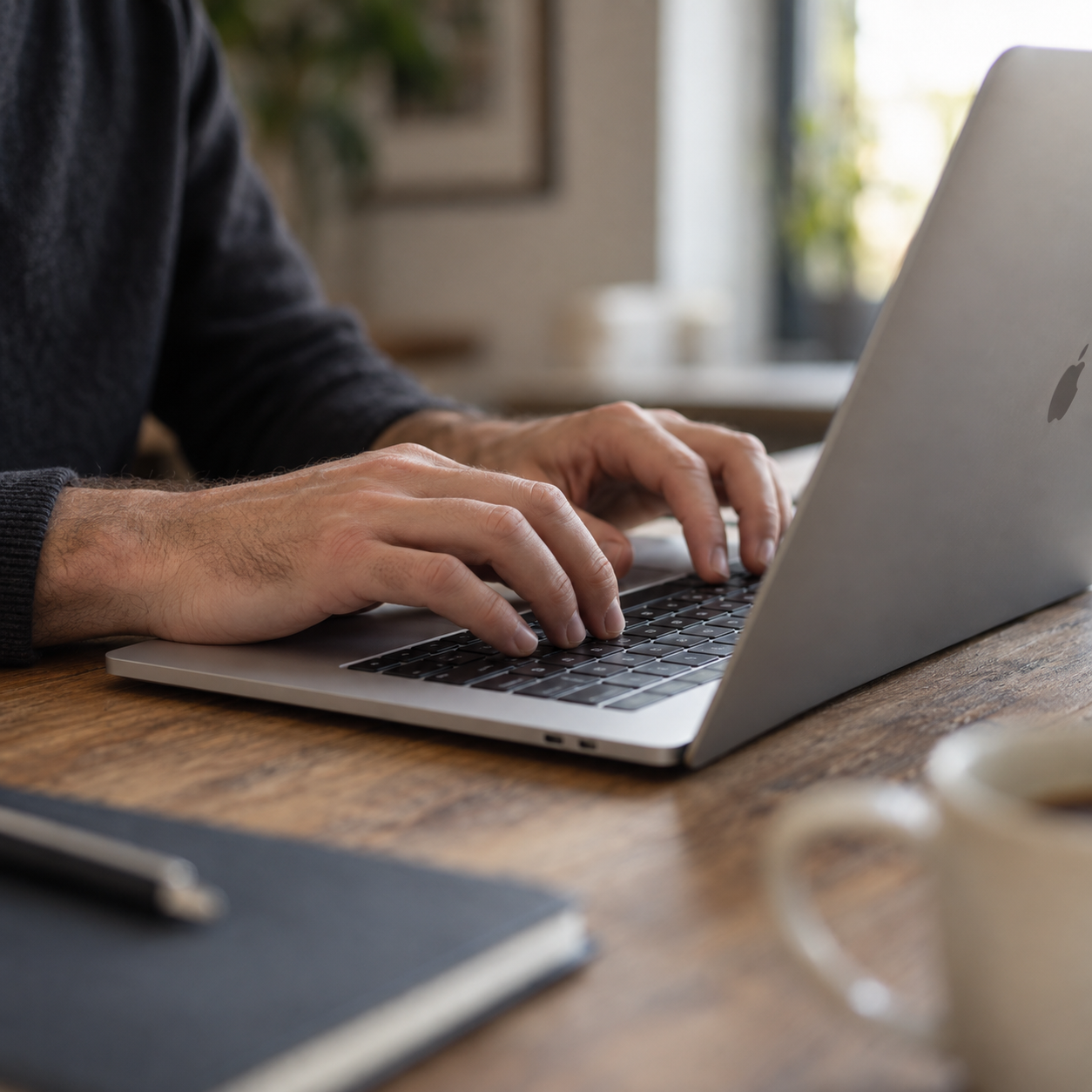 Hands typing on a laptop