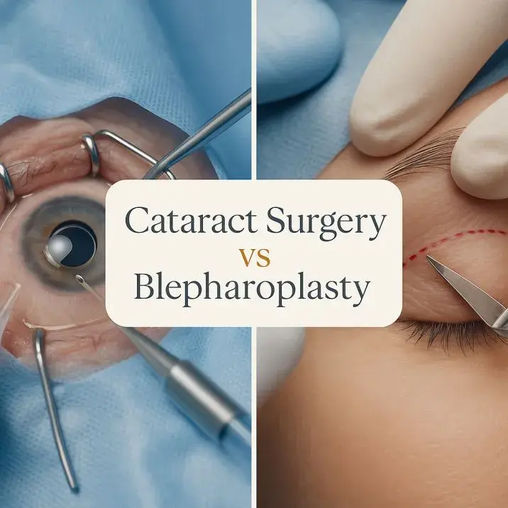Professional medical comparison of cataract surgery and blepharoplasty procedures showing surgical techniques, IOL replacement, and eyelid surgery in sterile clinical environment representing expert ophthalmology care at London clinic