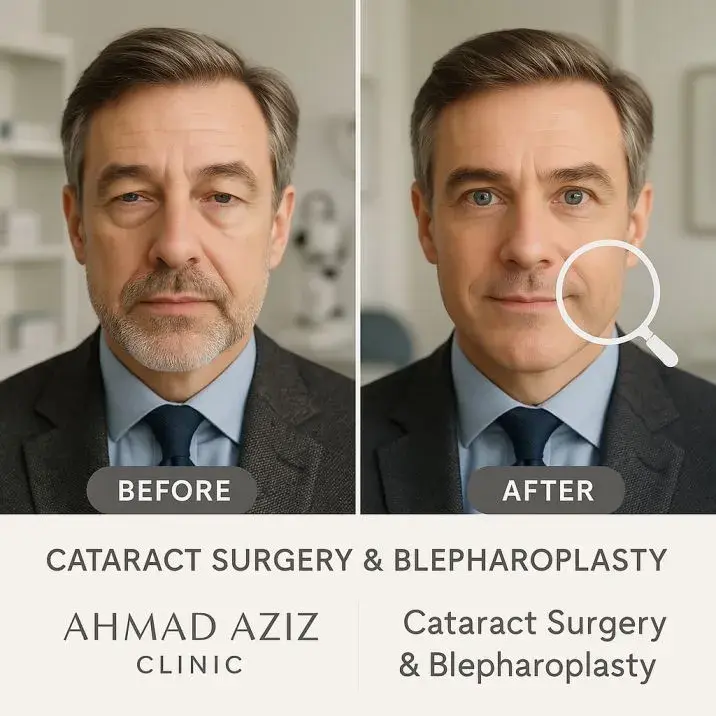 Before and after results of combined cataract surgery and blepharoplasty showing professional London patient with improved vision and rejuvenated eyelid appearance, demonstrating natural-looking outcomes from expert oculoplastic surgery