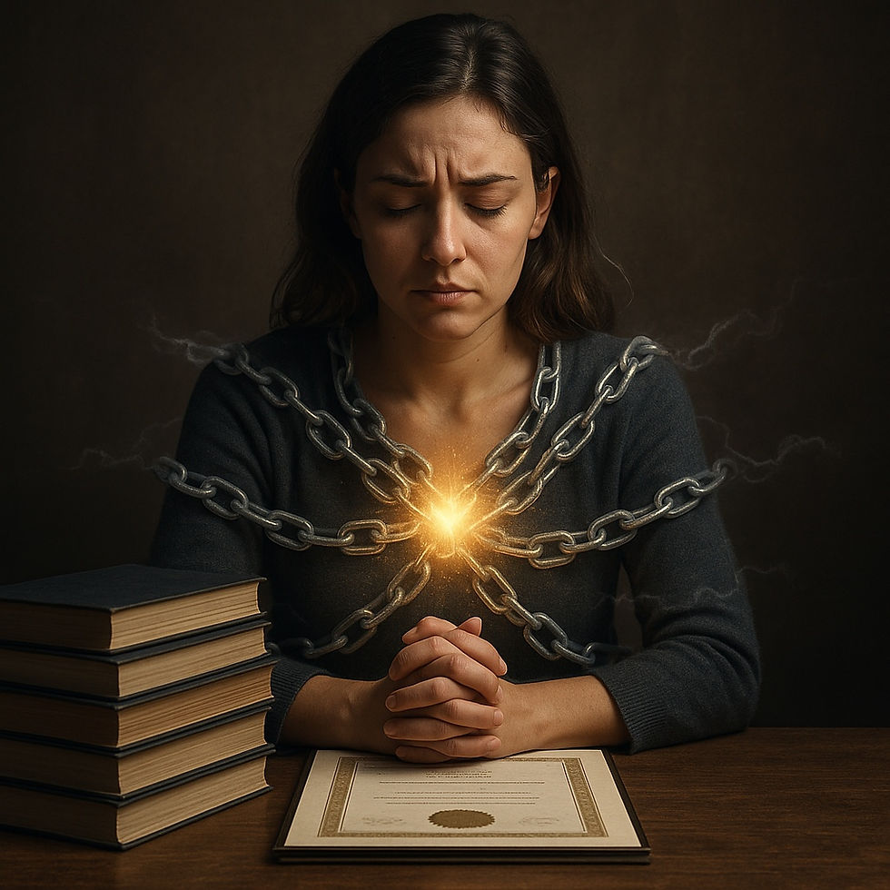 Mulher de olhos fechados diante de uma pilha de livros e certificados, envolta por correntes translúcidas de luz que simbolizam estagnação, enquanto uma luz intensa irradia do peito, representando desbloqueio e libertação