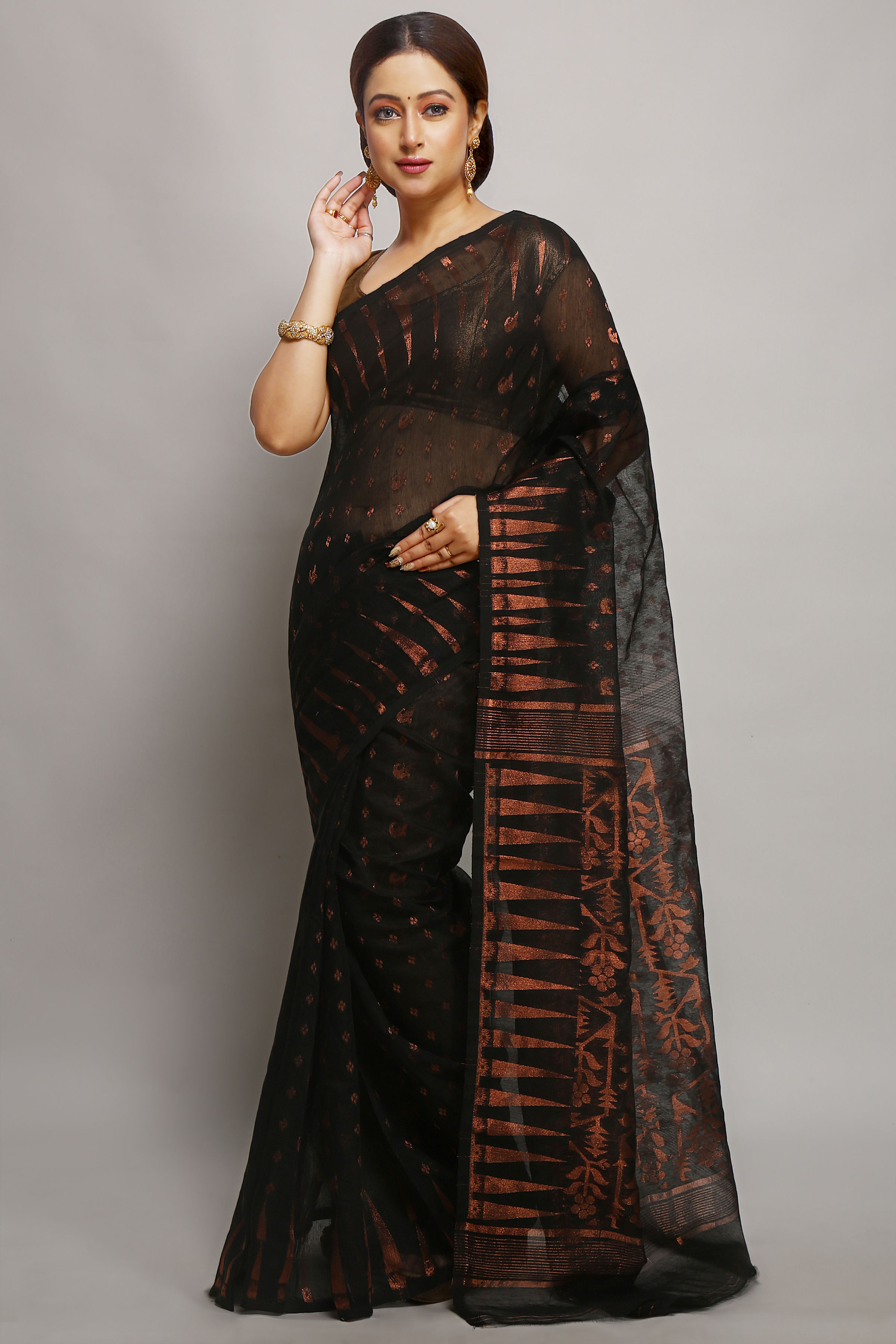 cotton silk dhakai jamdani saree without blouse piece_Black