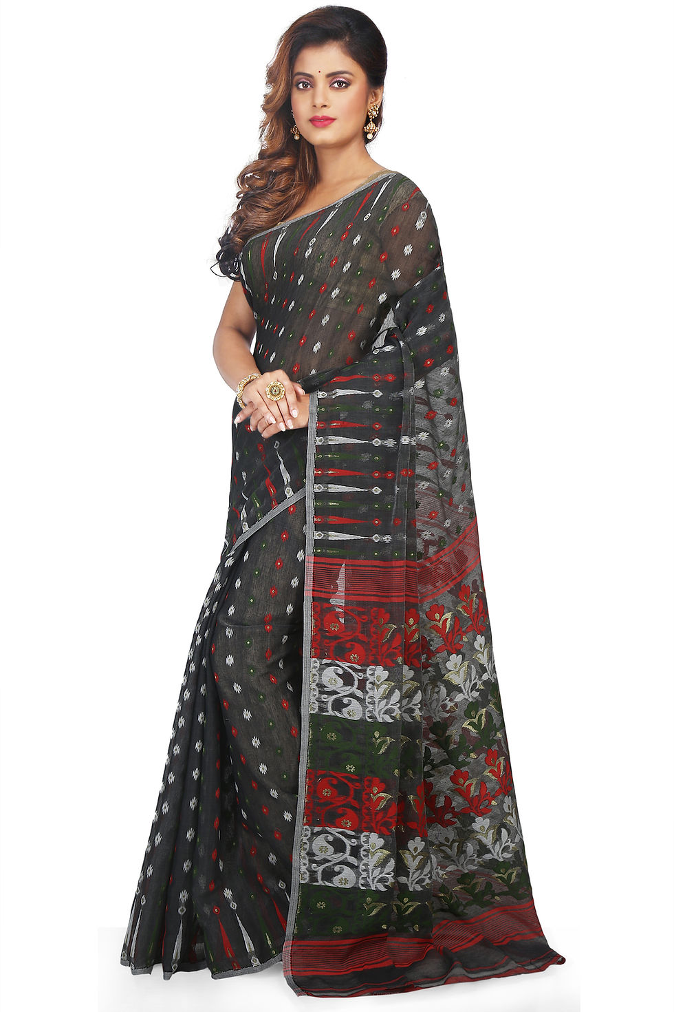 Thumbnail: Soft Dhakai Jamdani Saree with All-over Thread Work - Fulia Special(Dark Grey)