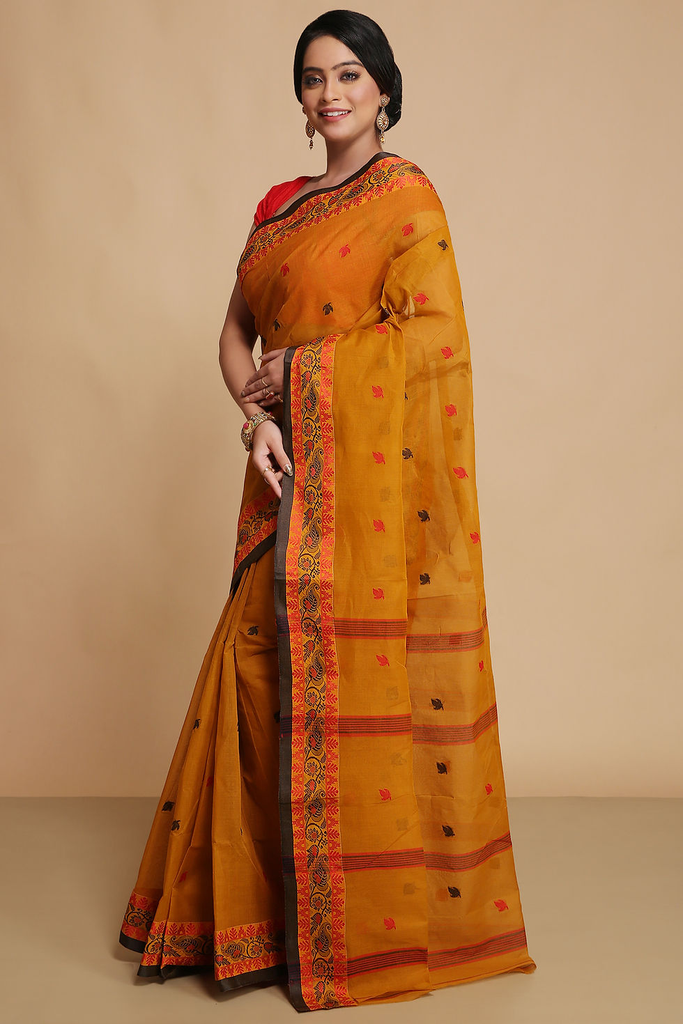 Thumbnail: Pure Cotton Tant Saree In Musterd color with Designer Border