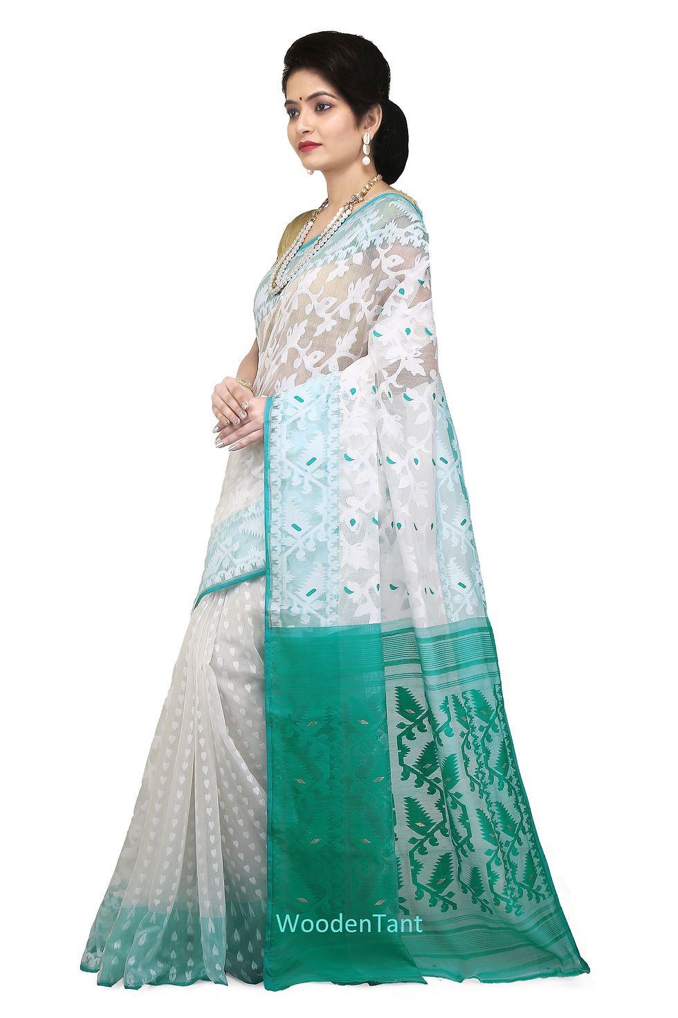 Thumbnail: Soft Dhakai Jamdani Saree with All-over Thread Work -Fulia Special White & Green
