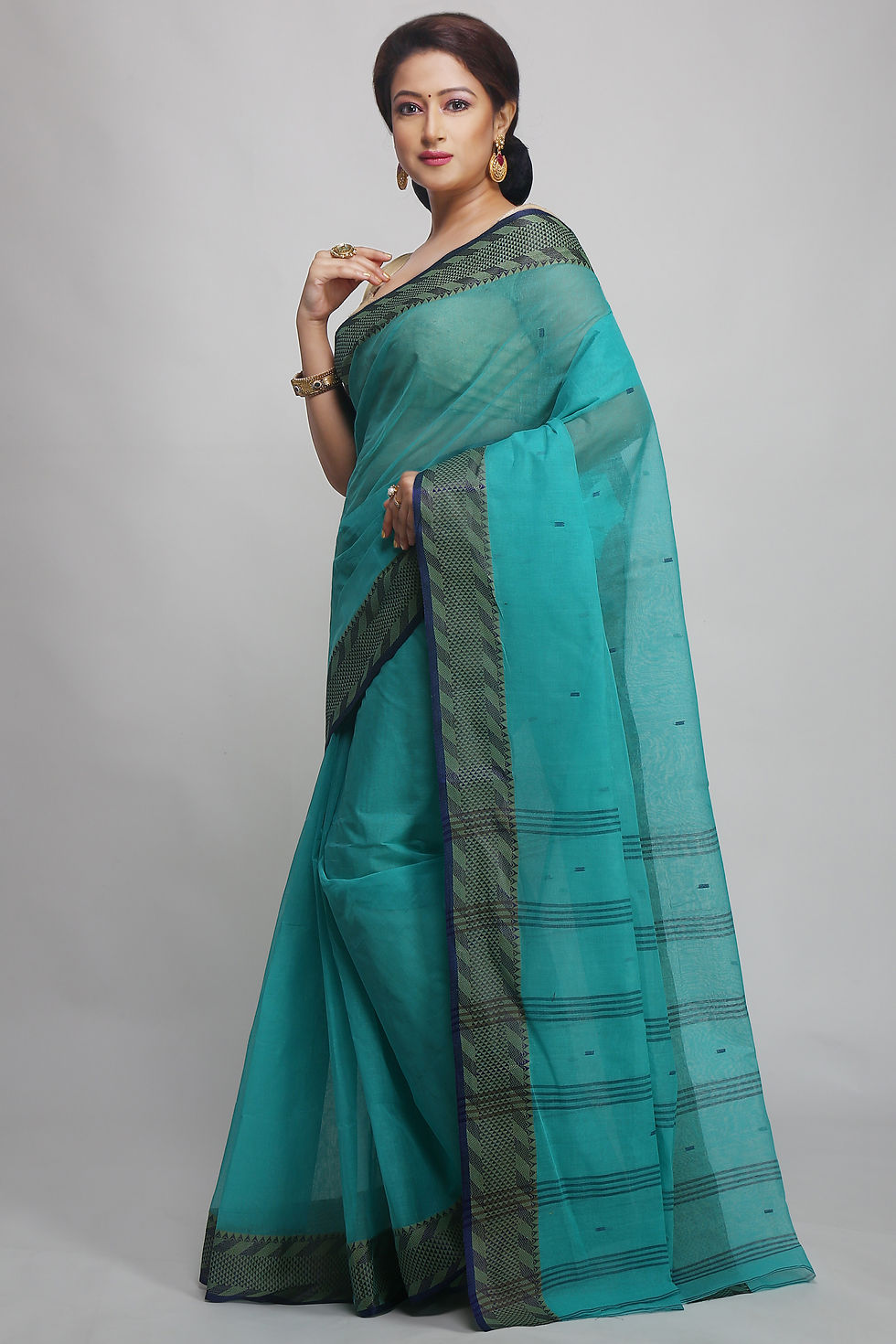 Thumbnail: Tant Cotton Saree without blouse piece_(aqua blue)