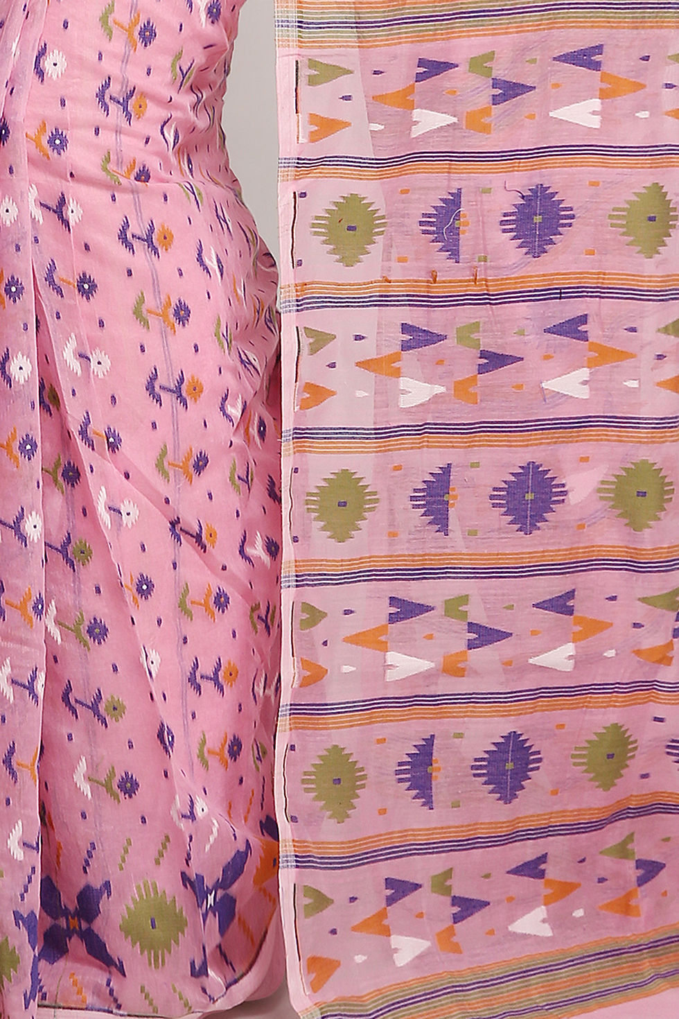 Thumbnail: Cotton Silk Dhakai Jamdani Saree with blouse piece (Pink).