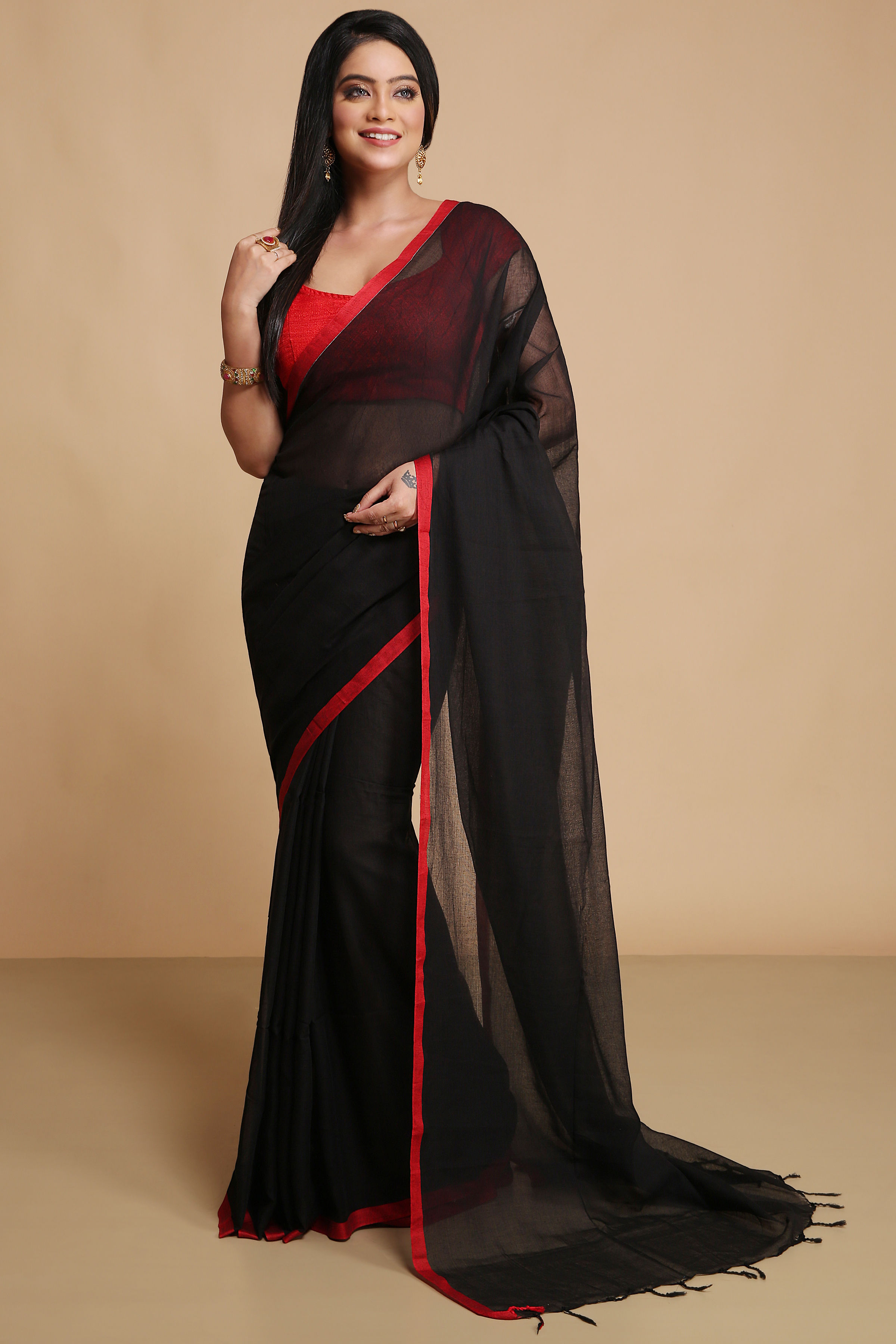 Bengal Handloom Pure Mulmul Plain Saree -Black