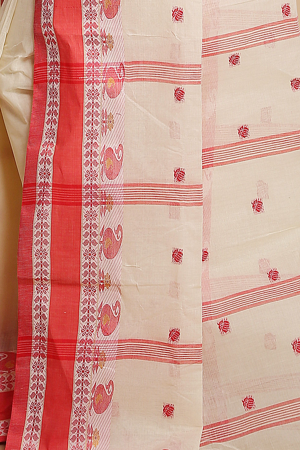 Thumbnail: Pure Cotton Tant Saree in White & Red with Designer Border