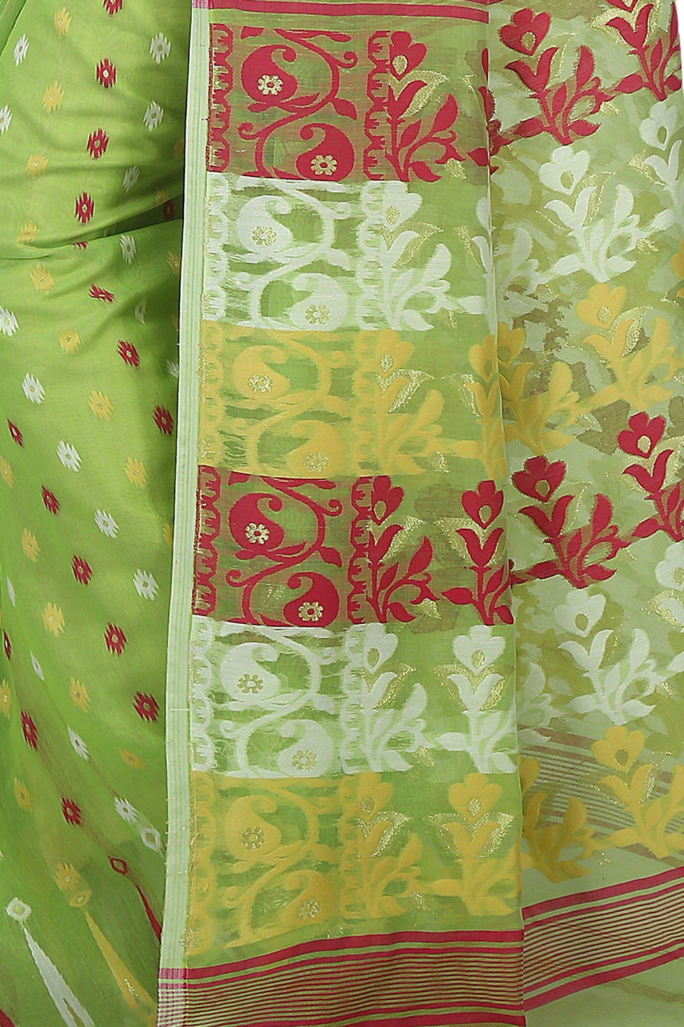 Thumbnail: Soft Dhakai Jamdani Saree with All-over Thread Work - Fulia Special(Lemon Green)