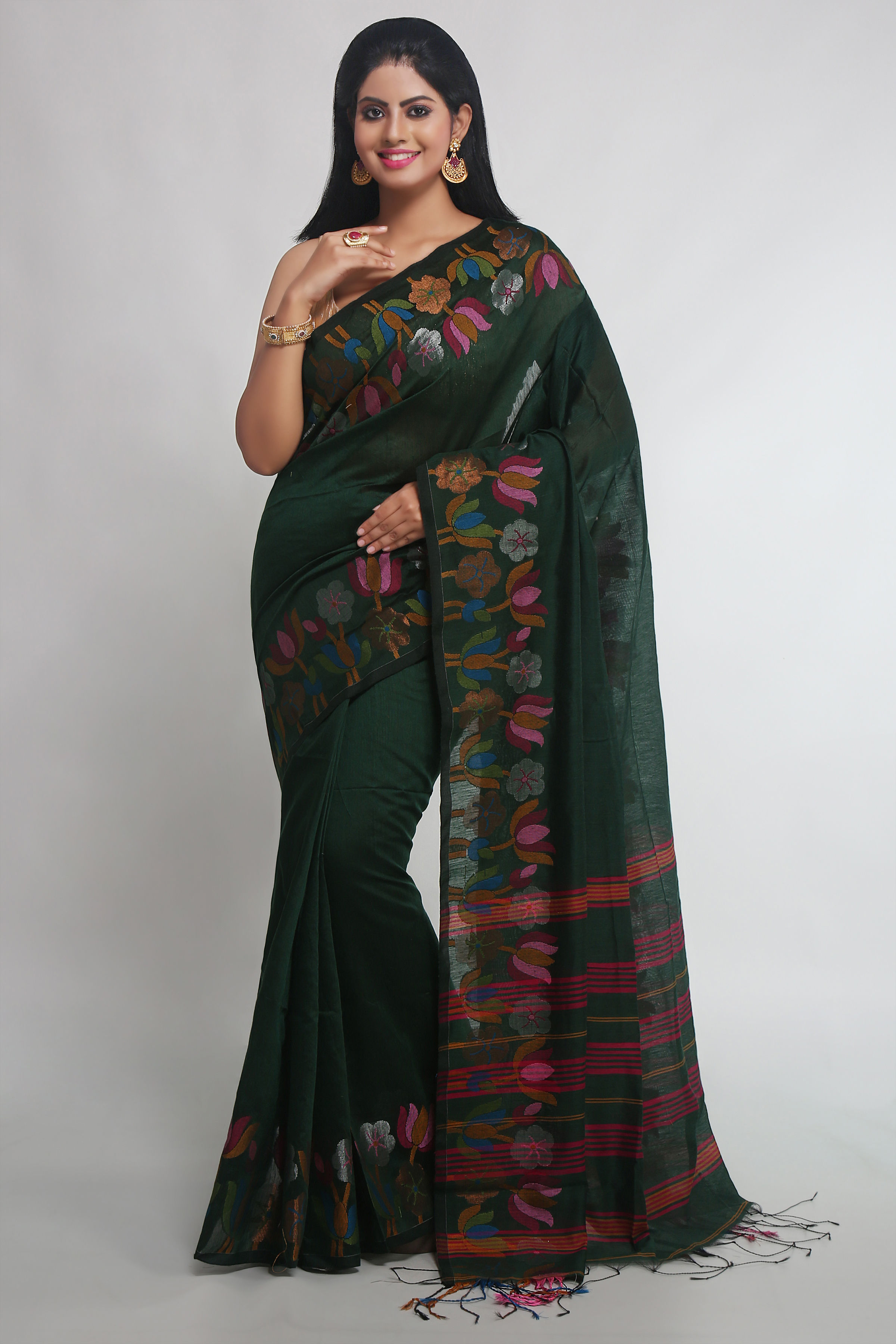 Woven Handloom Cotton Silk Saree  (Dark Green)