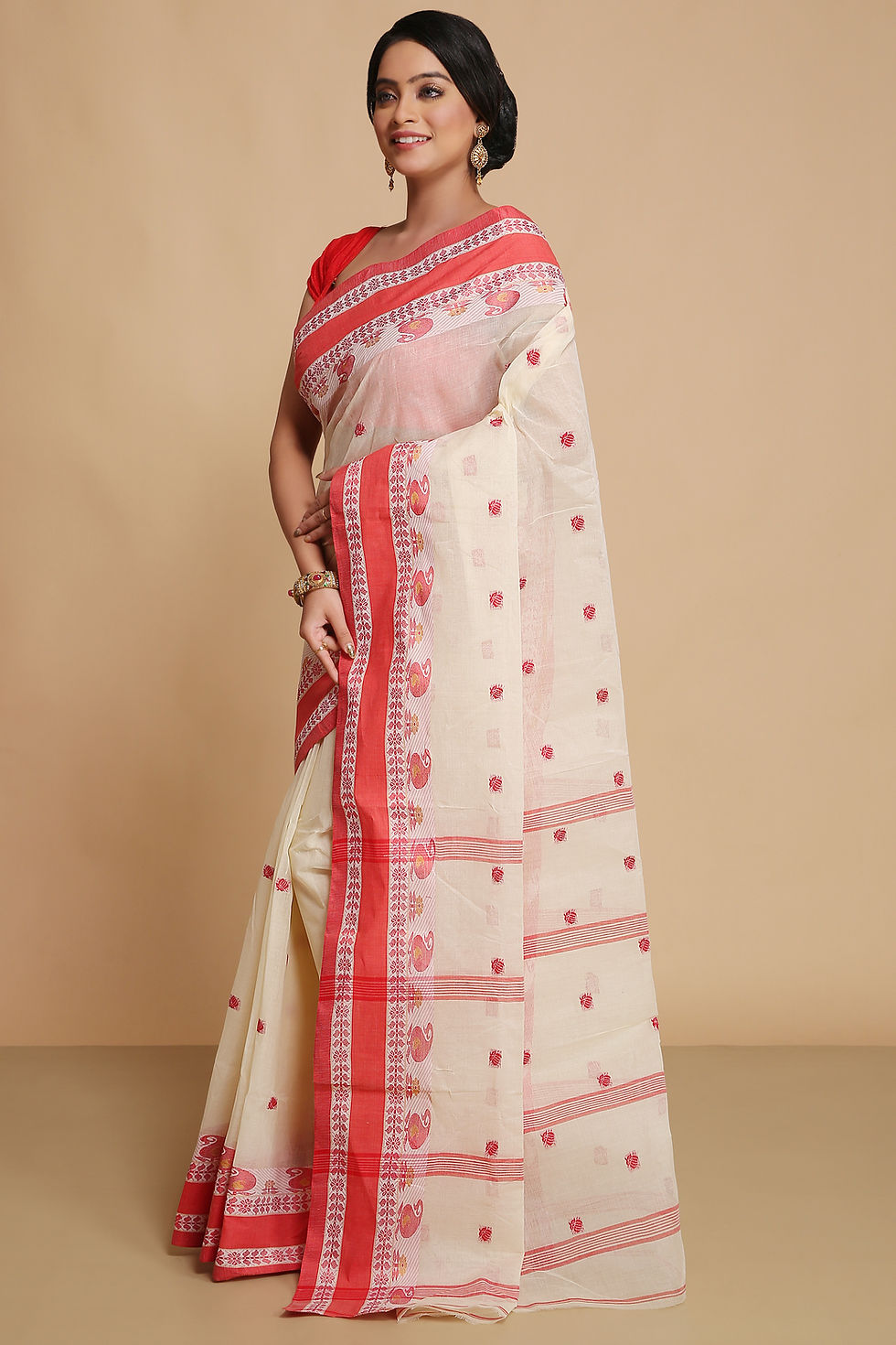 Thumbnail: Pure Cotton Tant Saree in White & Red with Designer Border