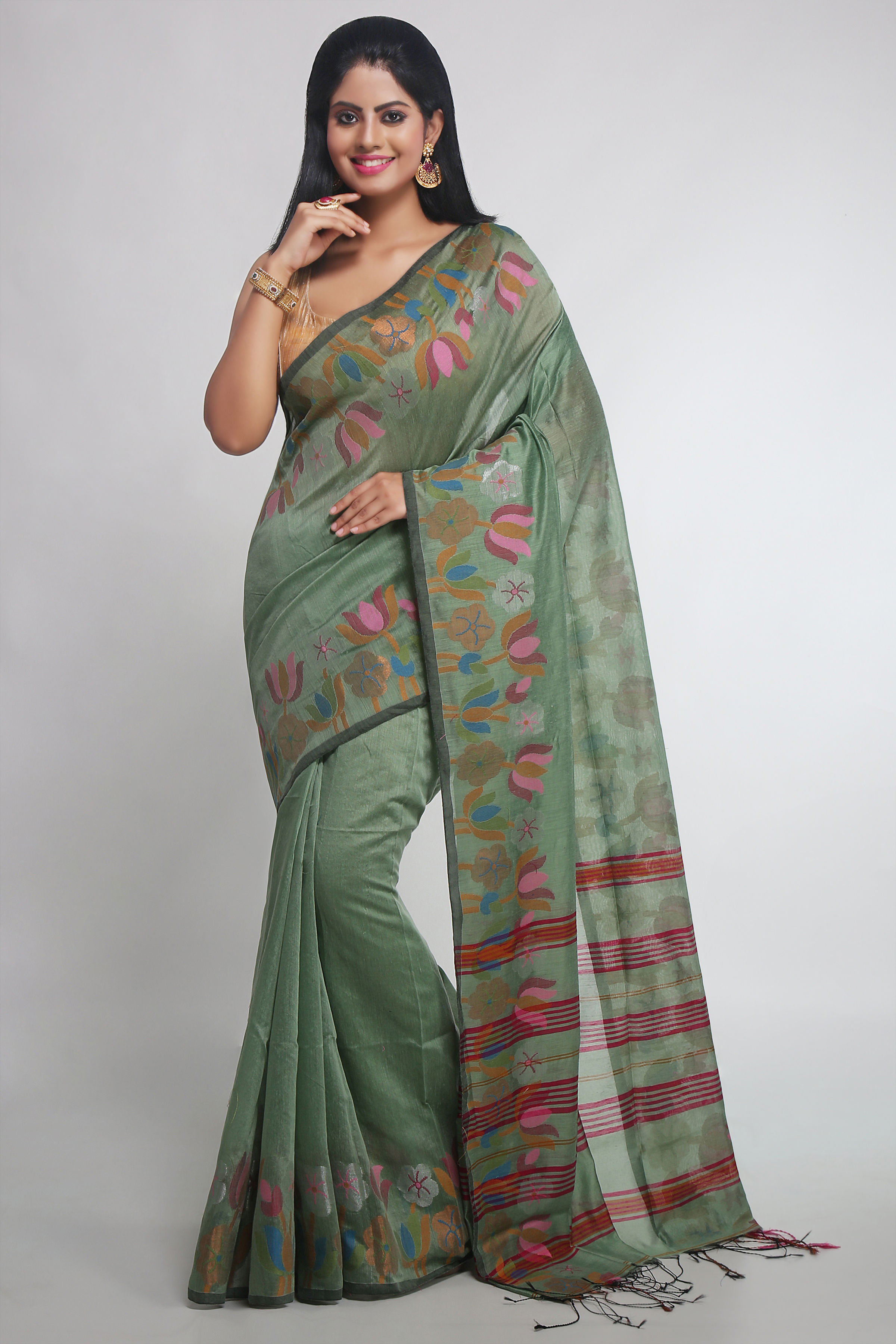Woven Handloom Cotton Silk Saree  (Light Green)