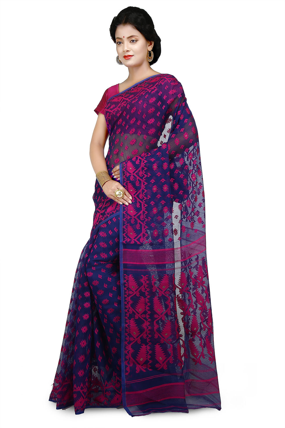 Thumbnail: Soft Dhakai Jamdani Saree with All-over Thread Work -Royal Blue&Pink