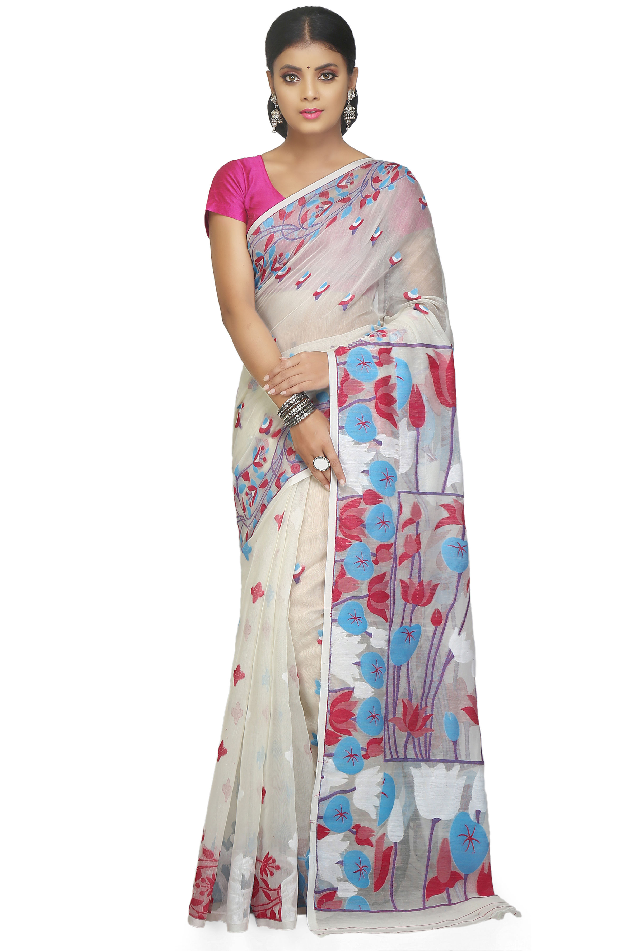 Cotton Silk Dhakai Jamdani Saree with Designer Pallu & Flower Motifs.