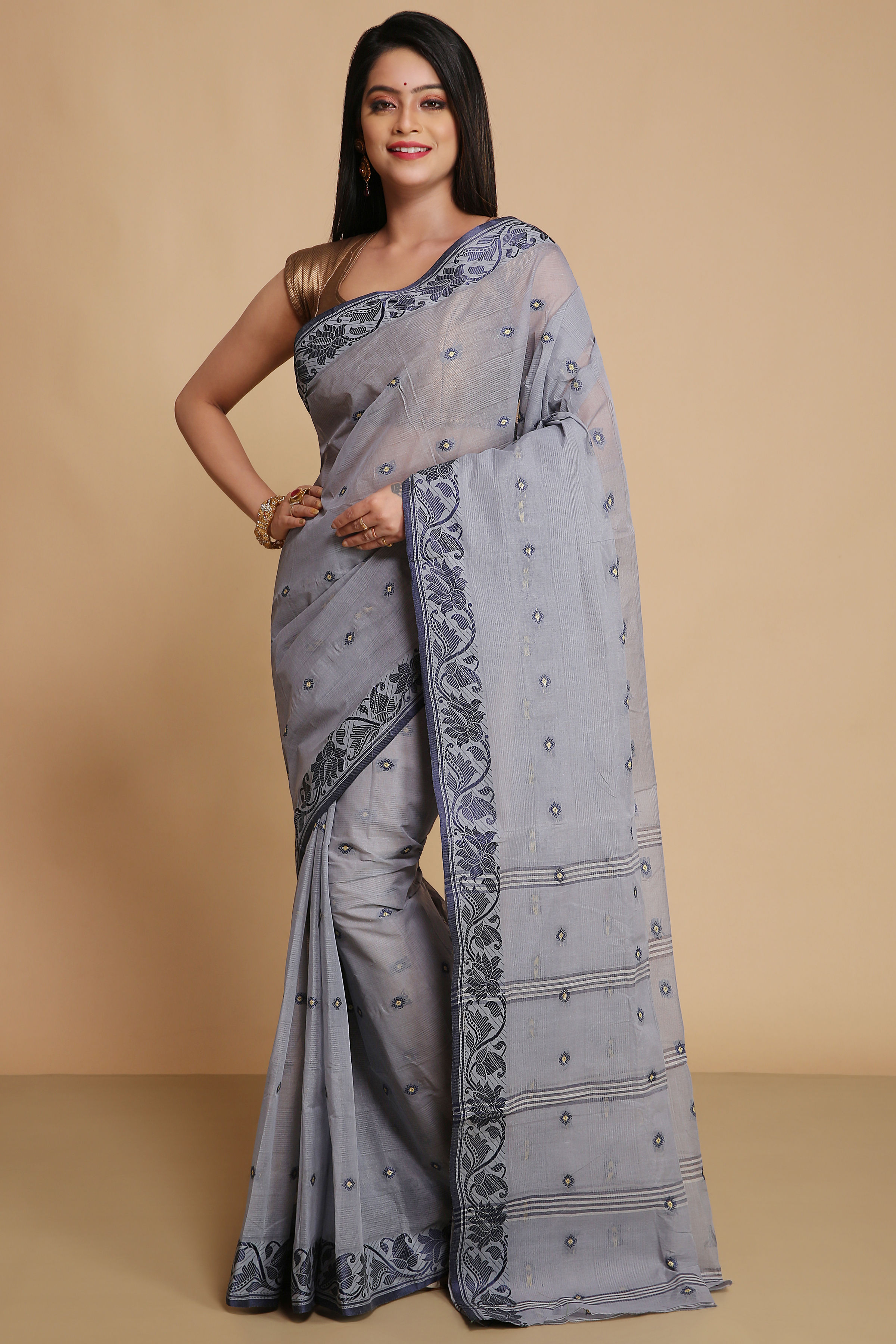 Pure Cotton Tant Saree in Grey with woven Designer Border