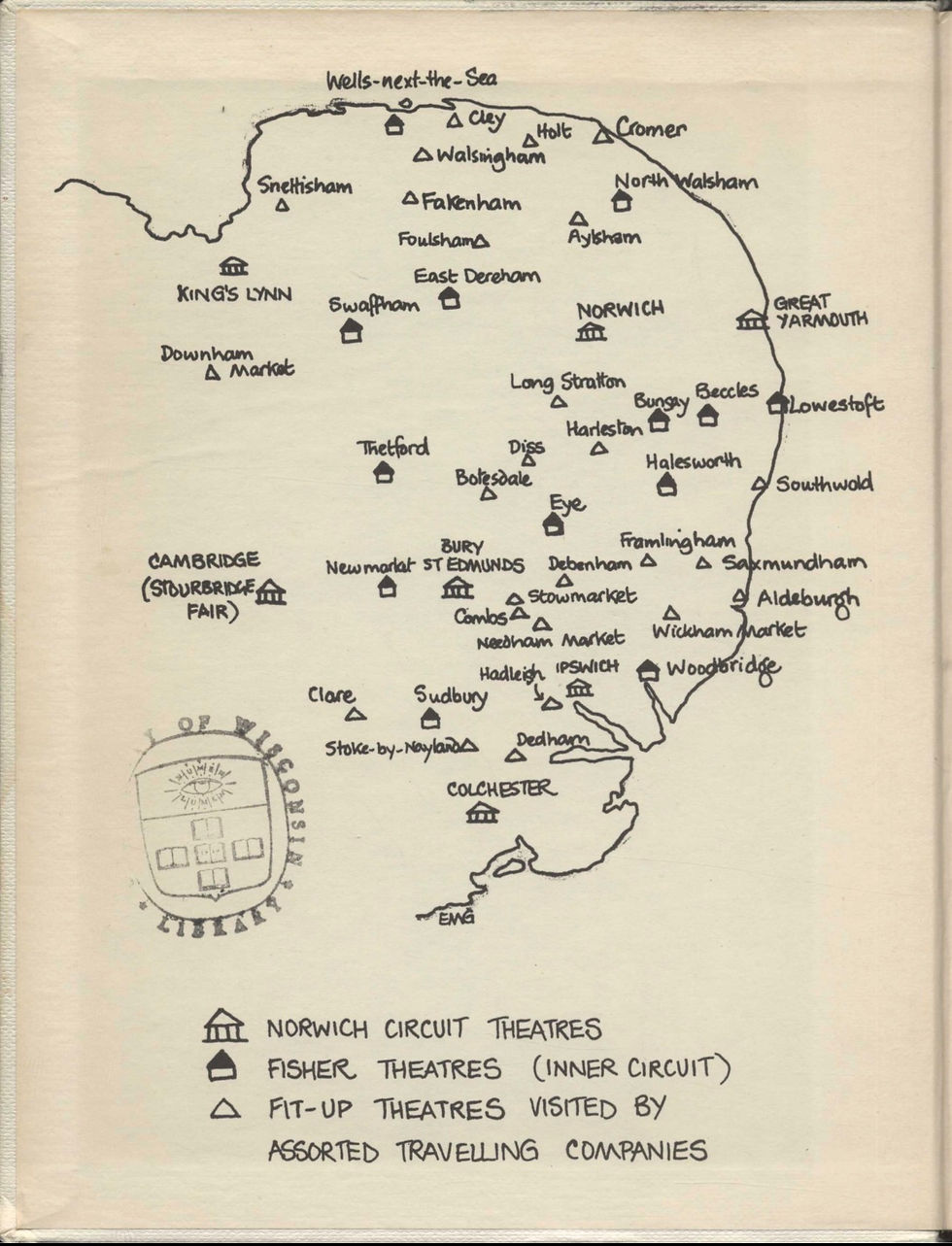 Pastdown on the front cover of "Rogues and Vagabonds" by Elizabeth Grice showing a map of the Fisher theatre circuit.