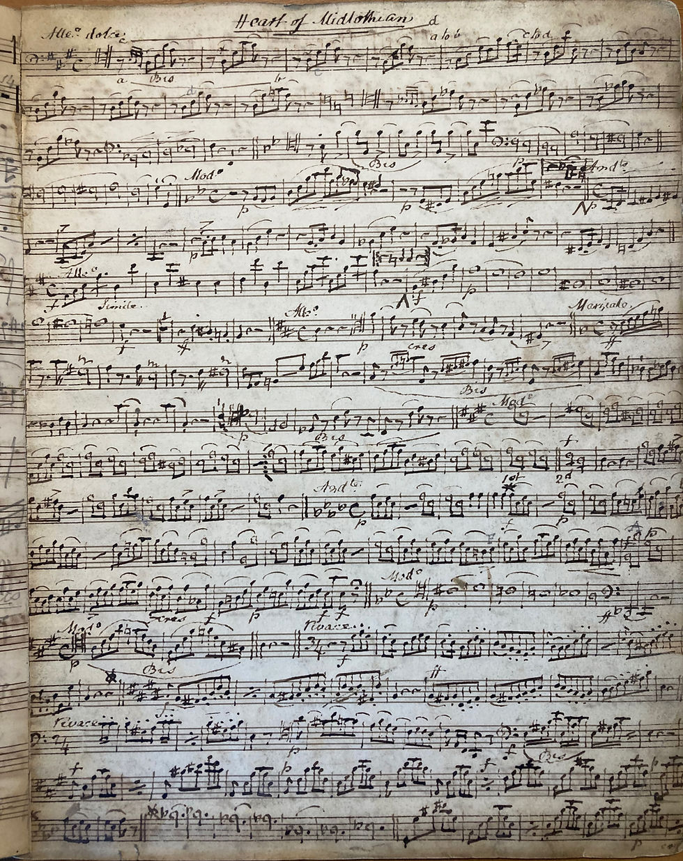 Page from violoncello part book showing music for "Heart of Midlothian."