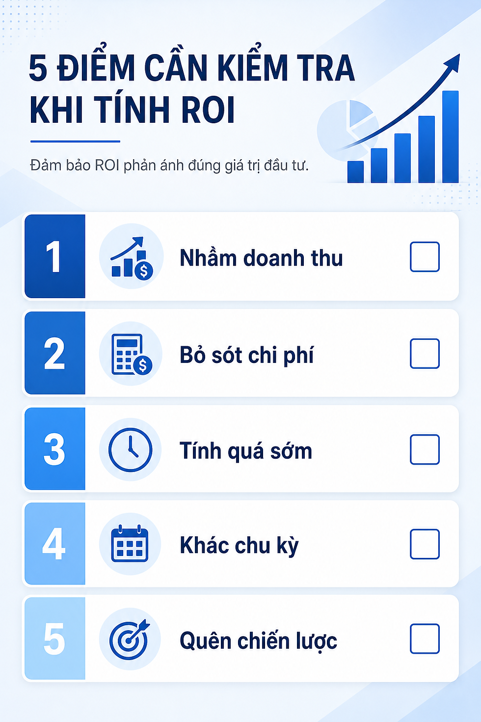 Checklist 5 lỗi thường gặp khi tính ROI, trình bày dạng tick-box để người đọc scan nhanh