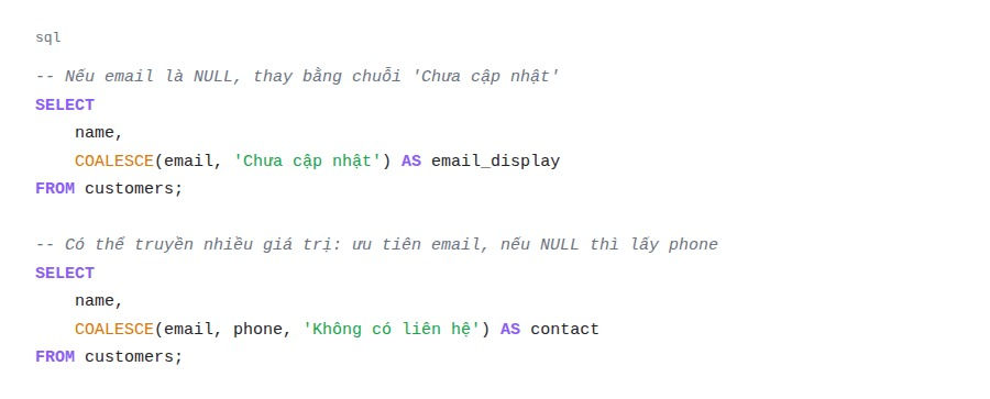 Ví dụ hàm COALESCE trong SQL thay thế giá trị NULL bằng giá trị mặc định