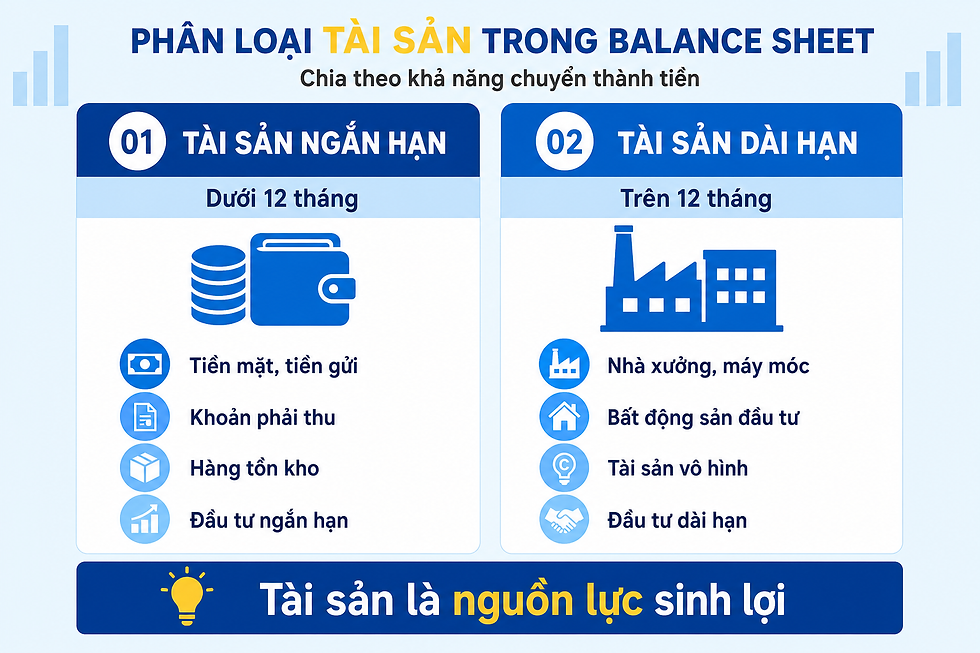 Phân loại tài sản trong bảng cân đối kế toán tài sản ngắn hạn và dài hạn