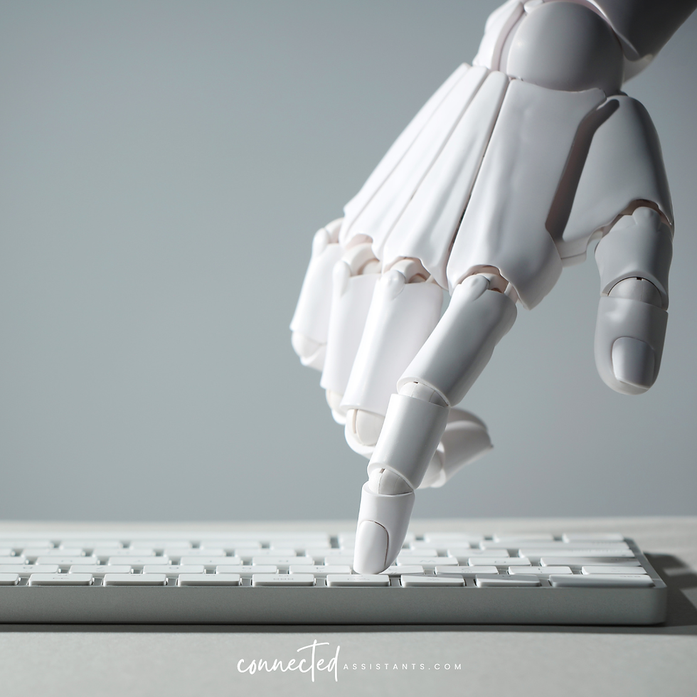 A close-up image of a white robotic hand pressing a key on a white keyboard, with soft grey lighting and Connected Assistants branding at the bottom.
