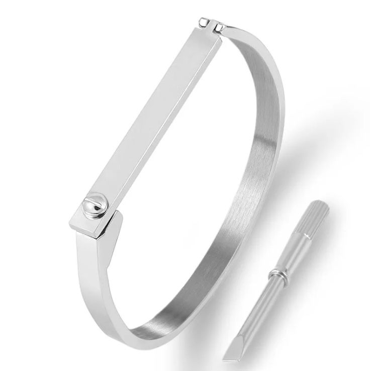minimalist screw lock bracelet and screwdriver in sleek polished silver stainless steel