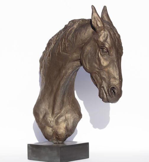 Bronze resin sculpture of a horse head mounted on plinth