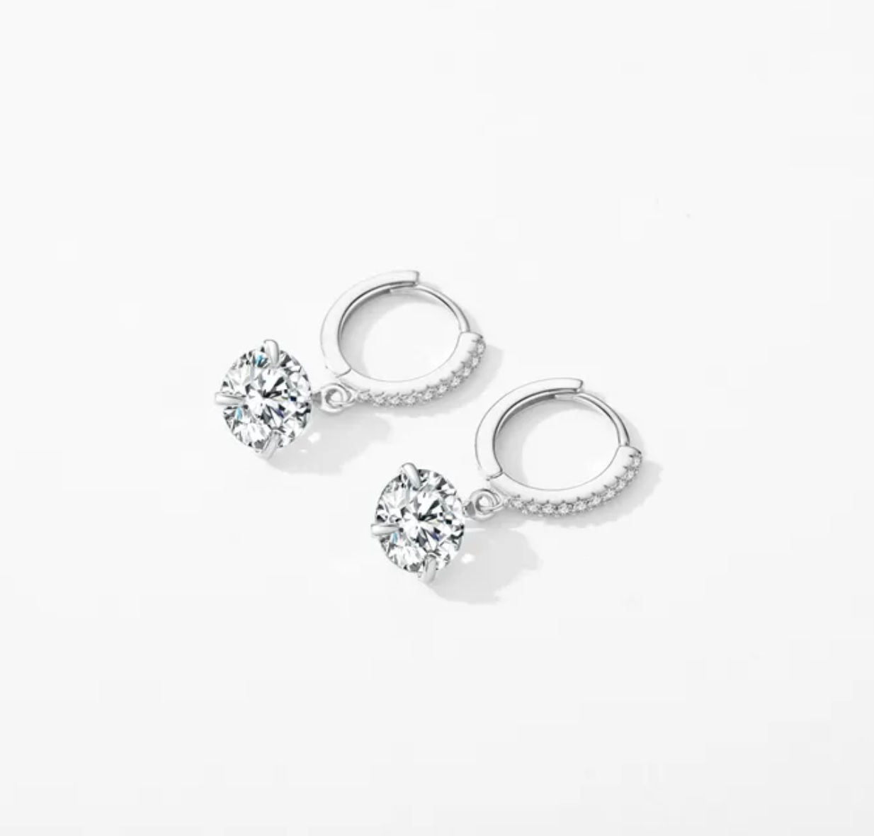 Silver Hoop Earrings set with Zircons with a Circular Drop Zircon Pendant