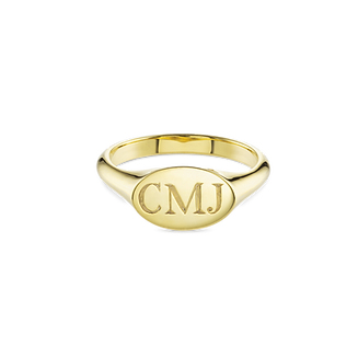 Gold women's horizontal oval signet ring with 3 initials