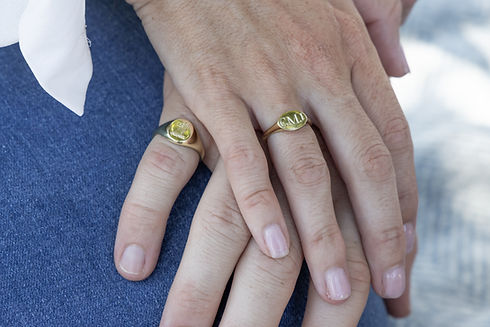 Male and female hand positioned with one on top of the other each with a gold signet ring