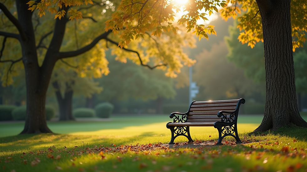 High angle view of a peaceful park bench overlooking trees