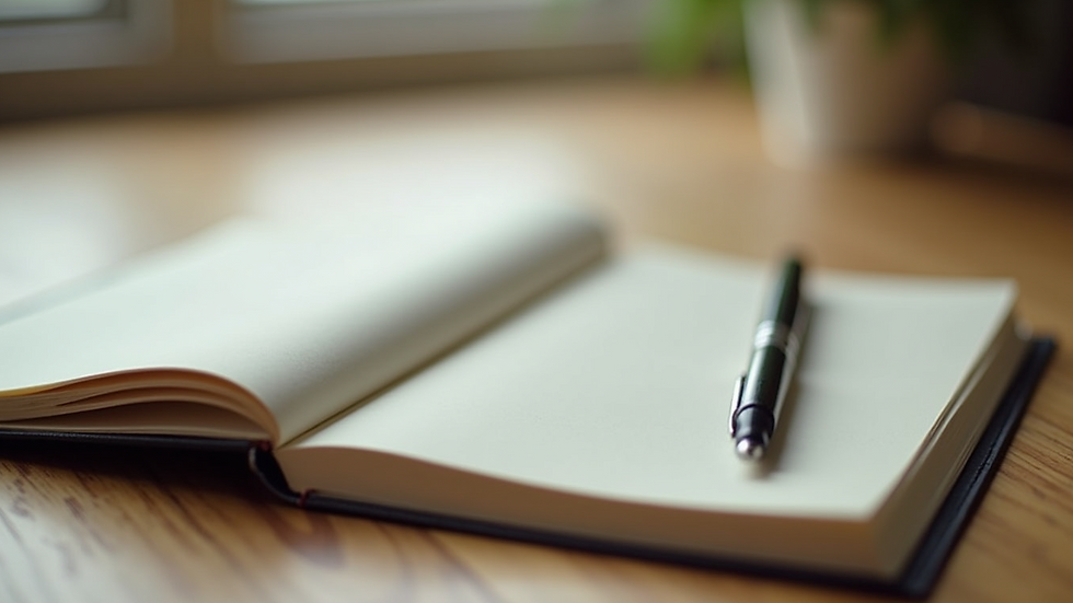 Close-up of a journal and pen on a wooden table with soft natural light